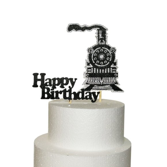 3D Locomotive Train Happy Birthday Black on Silver - Picture 1 of 3